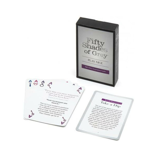 Fifty Shades of Grey Play Nice Talk Dirty Inspiration Cards with box and sample cards featuring quotes and playful prompts.