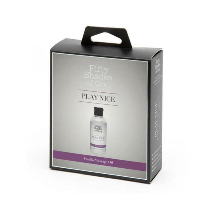 Fifty Shades of Grey Play Nice Vanilla Massage Oil 3oz in black and silver packaging with purple accent band.