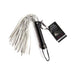 Fifty Shades of Grey Please Sir Flogger with black handle and white suede tails on white background with product tag.