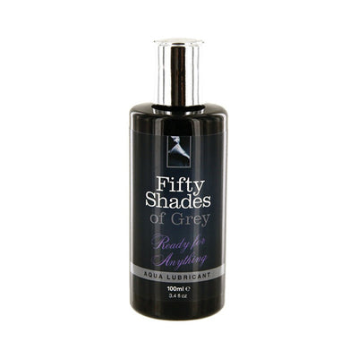 Bottle of Fifty Shades of Grey Ready for Anything water-based aqua lubricant, 3.4 oz, black packaging with silver cap.
