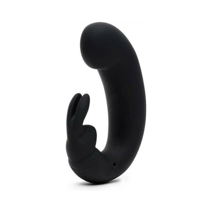 Black silicone G-spot rabbit vibrator with curved tip and dual stimulation ears, sleek ergonomic design.