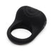 Black rechargeable silicone vibrating love ring with textured pad and power button detail.