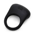 Black silicone vibrating love ring with textured pad and Fifty Shades of Grey logo embossed on top
