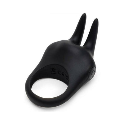 Black silicone vibrating love ring with dual flexible ears and power button on the side for shared intimate pleasure.