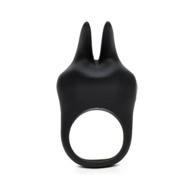 Black silicone vibrating love ring with dual flexible ears for clitoral stimulation, designed for shared pleasure.