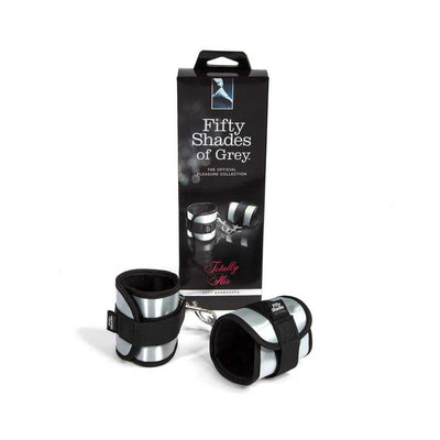 Fifty Shades of Grey Totally His soft velvet-lined silver and black handcuffs with packaging box.