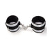 Pair of black and silver velvet-lined bondage handcuffs with metal clips for secure restraint play.
