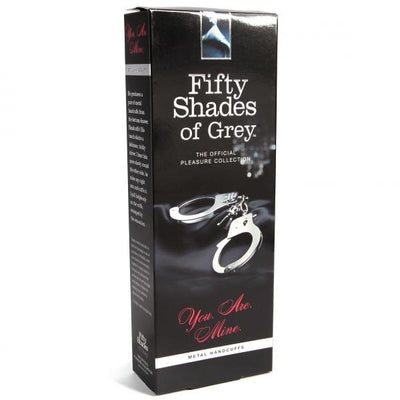 Fifty Shades of Grey You Are Mine metal handcuffs in black packaging with silver handcuff image and red text.