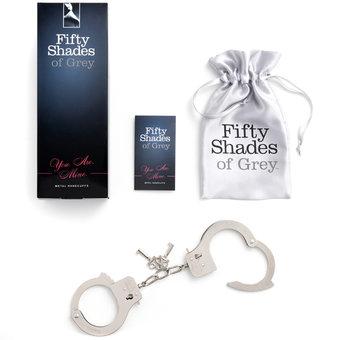 Fifty Shades of Grey You Are Mine metal handcuffs with keys, branded pouch, and packaging on white background.