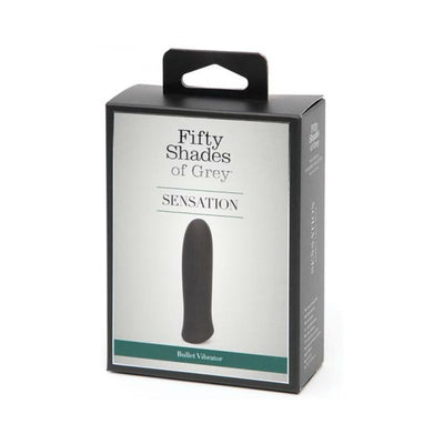 Packaging box of Fifty Shades Sensation Bullet Vibrator in sleek black with product image and branding on front.