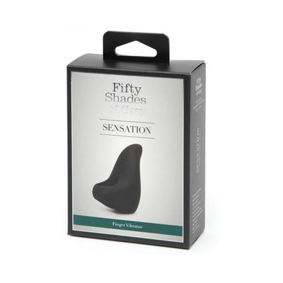 Fifty Shades of Grey Sensation finger vibrator in black displayed on sleek retail packaging box.