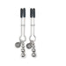 Pair of silver adjustable nipple clamps with black rubber tips and decorative beads, branded Fifty Shades of Grey charm.