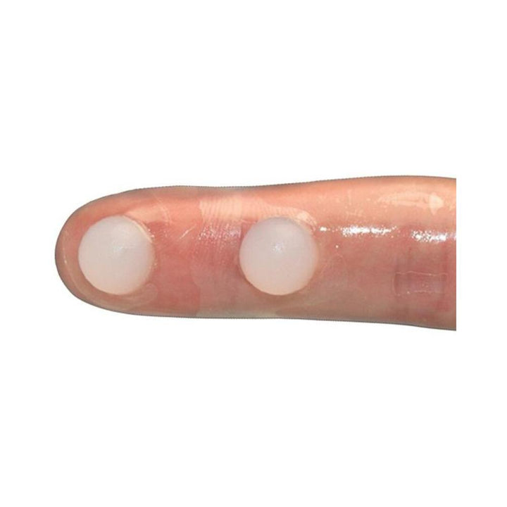 Close-up of a finger wearing a transparent finger condom with two raised nubs for enhanced sensation.