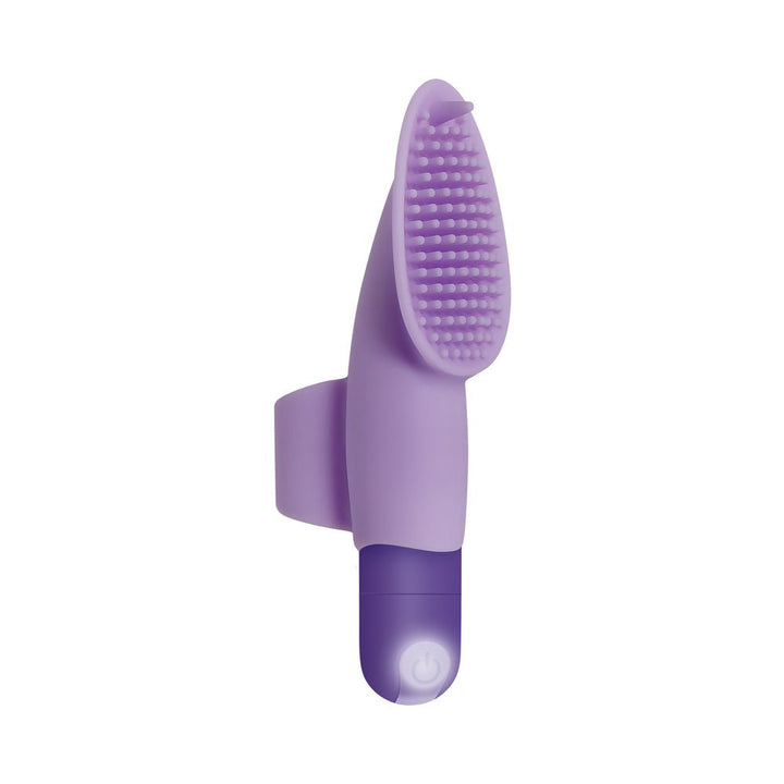 Purple rechargeable finger vibrator with textured nubs and one-touch power button, designed for targeted stimulation.