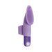 Purple rechargeable finger vibrator with textured nubs and one-touch power button, designed for targeted stimulation.