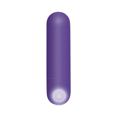 Compact purple bullet vibrator with smooth finish and illuminated power button at the base.