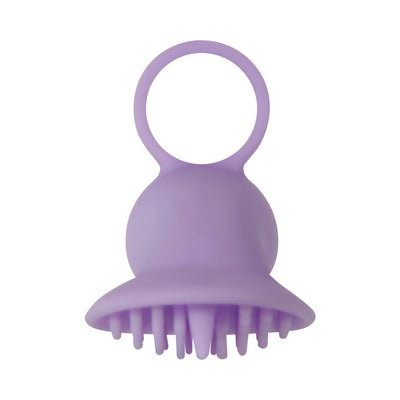 Purple silicone finger vibrator with textured nubs and a loop handle for easy control and targeted stimulation.