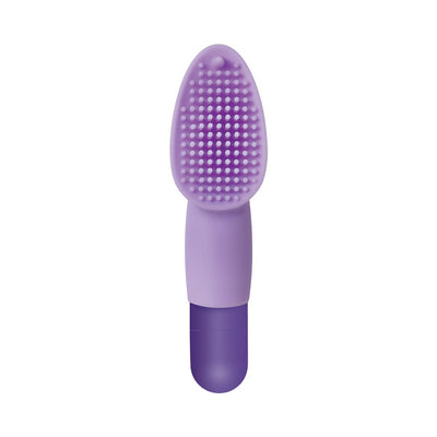Purple silicone finger vibrator with textured nubs and a smooth rounded base for targeted stimulation.