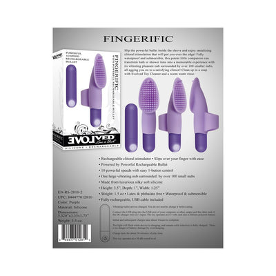 Purple Fingerific rechargeable finger vibrator with textured stimulating nubs and USB charging cable shown with packaging and product details.