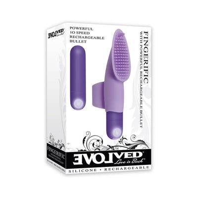 Packaging of Fingerific Rechargeable Finger Vibe showing purple silicone finger sleeve with textured nubs and matching bullet vibrator.