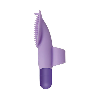 Purple silicone finger vibrator with textured stimulating nubs and a rechargeable bullet insert.