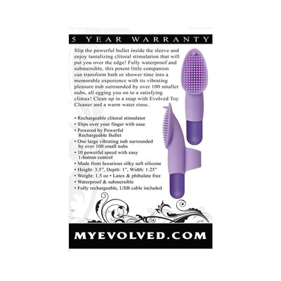 Purple Fingerific Rechargeable Finger Vibe with textured stimulating nubs and USB rechargeable bullet, shown from two angles.