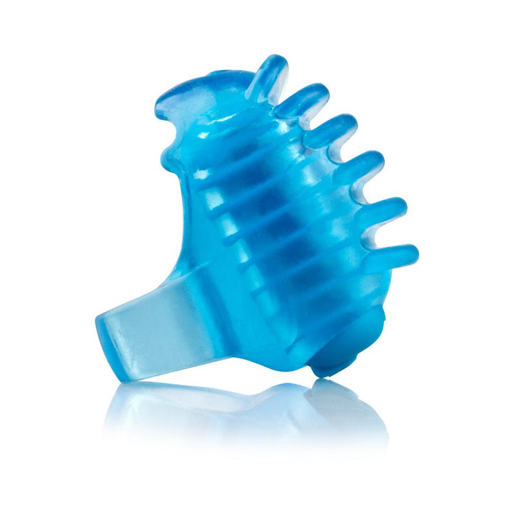 Blue silicone fingertip vibrator with textured nodules and adjustable strap for secure fit.