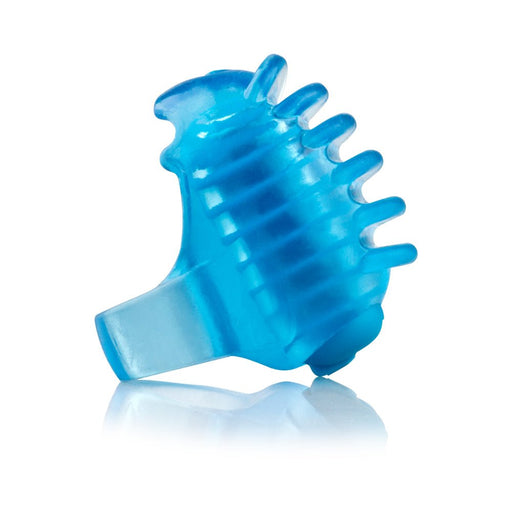Blue silicone fingertip vibrator with textured nodules and adjustable strap for secure fit.