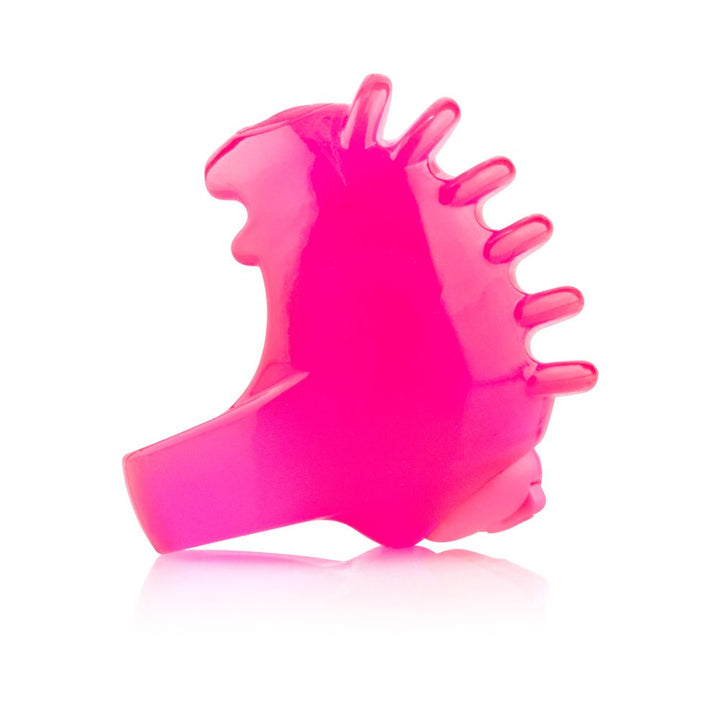 Bright pink silicone fingertip vibrator with textured nodules for enhanced stimulation, designed for easy wear and use.