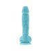 Blue silicone dildo with textured surface and suction cup base, designed for hands-free use and glow-in-the-dark fun.