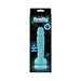 Glow-in-the-dark blue silicone dildo with suction base displayed in black packaging.