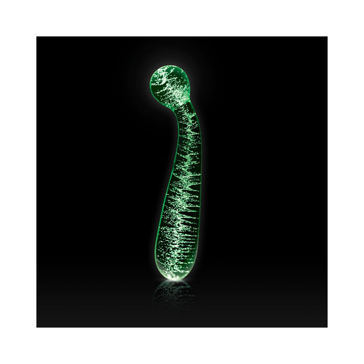 Clear glass G spot wand with glowing green internal texture, curved shape, and rounded tip on black background.
