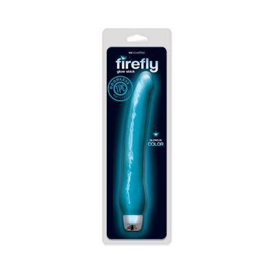 Blue Firefly Glow Stick vibrator in clear retail packaging with glow-in-color feature and odorless TPE material label.