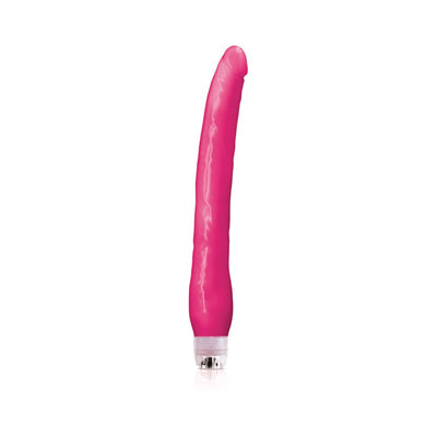 Pink flexible vibrator with a curved tip and clear base, designed for versatile and waterproof use.