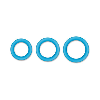 Three blue silicone rings of varying sizes displayed on a white background.
