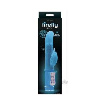 Blue Firefly Jessica rotating rabbit vibrator in glow-in-the-dark packaging with control panel and clitoral stimulator.