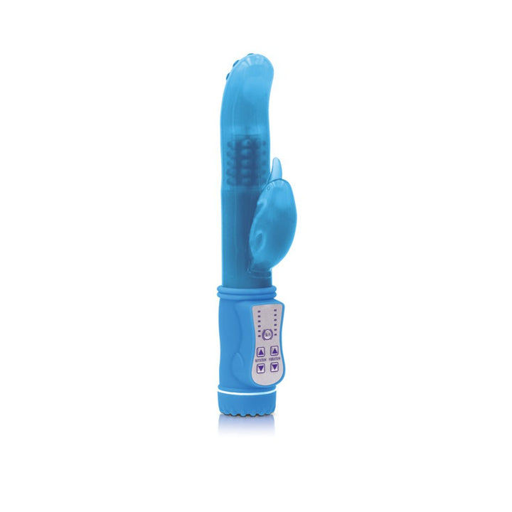 Blue Firefly Jessica rotating rabbit vibrator with control panel and textured shaft on white background.