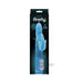 Blue Firefly Lola thrusting rabbit vibrator with glow-in-the-dark feature and control panel on packaging background.