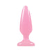 Pink mini tapered butt plug with a flared base, made of smooth glow-in-the-dark TPE material.