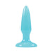 Mini tapered butt plug in light blue with a flared base, made from smooth glow-in-the-dark TPE material.