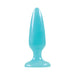 Small blue tapered glow-in-the-dark pleasure plug made of smooth, body-safe TPE material.