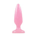 Small pink tapered pleasure plug with flared base, made of smooth glow-in-the-dark TPE material.