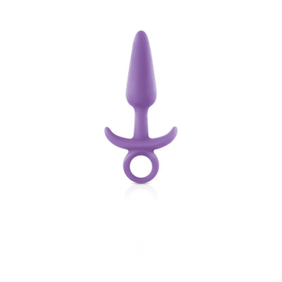 Small purple silicone butt plug with a tapered tip and ring handle on a white background.