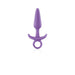 Small purple silicone butt plug with a tapered tip and ring handle on a white background.