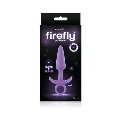 Packaging of Firefly Prince small silicone butt plug in purple with glow-in-the-dark feature shown on black background