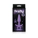 Packaging of Firefly Prince small silicone butt plug in purple with glow-in-the-dark feature shown on black background