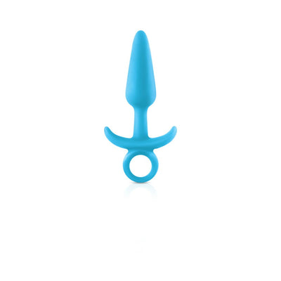 Small blue silicone butt plug with a tapered tip and finger loop base for easy removal.