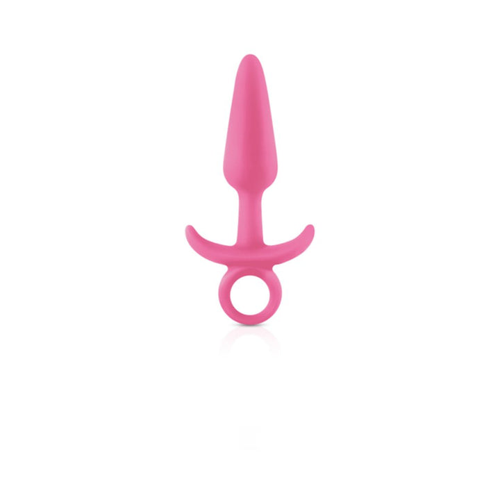 Small pink silicone butt plug with a tapered tip and ring handle on a white background.