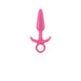 Small pink silicone butt plug with a tapered tip and ring handle on a white background.
