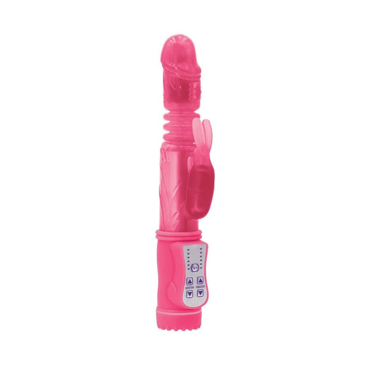 Pink Firefly Thumper Thrusting Rabbit Vibrator with textured shaft and control panel on handle.